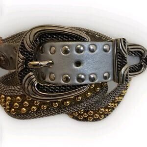 Vintage‎ USMECO Silver Woven Mesh Metal Braided Studded Leather Belt w/gold Bead